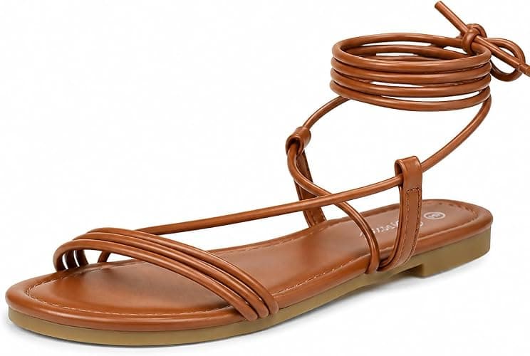 Brown lace-up strappy flat sandals