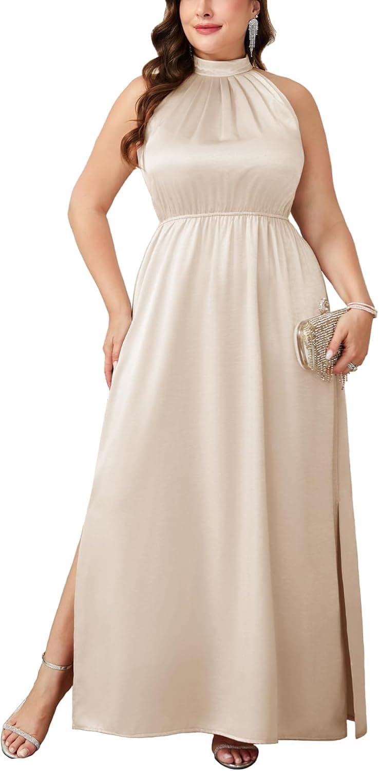 Champagne plus-size satin halter-neck maxi dress