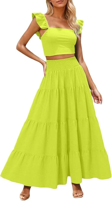 Light-sage-green plus-size crop-top and tiered maxi-skirt set