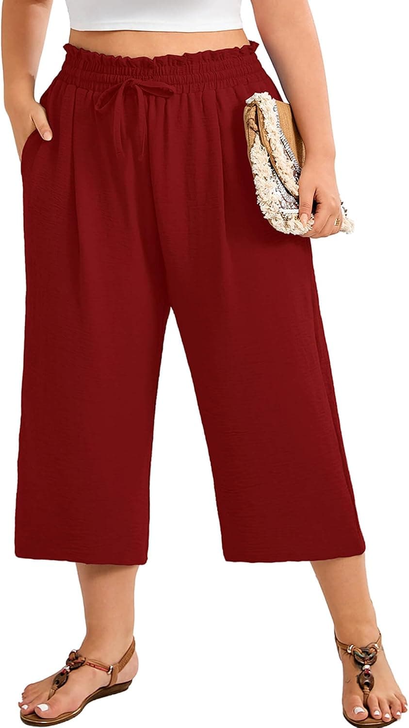 Burgundy plus-size cropped wide-leg pants