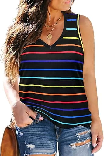 Plus-size rainbow striped tank top