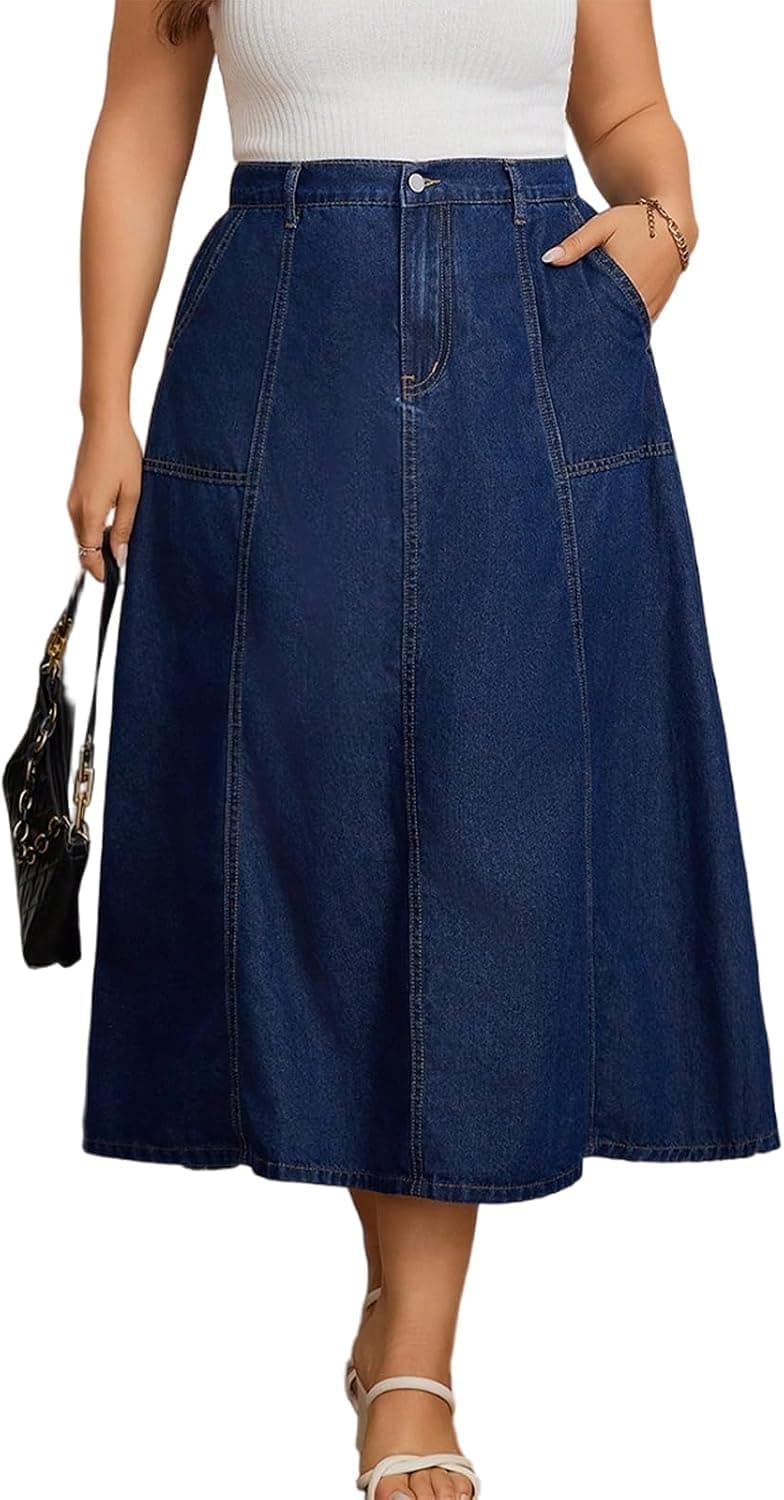 Dark-blue plus-size denim midi skirt