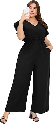 Black plus-size wrap V-neck wide-leg jumpsuit