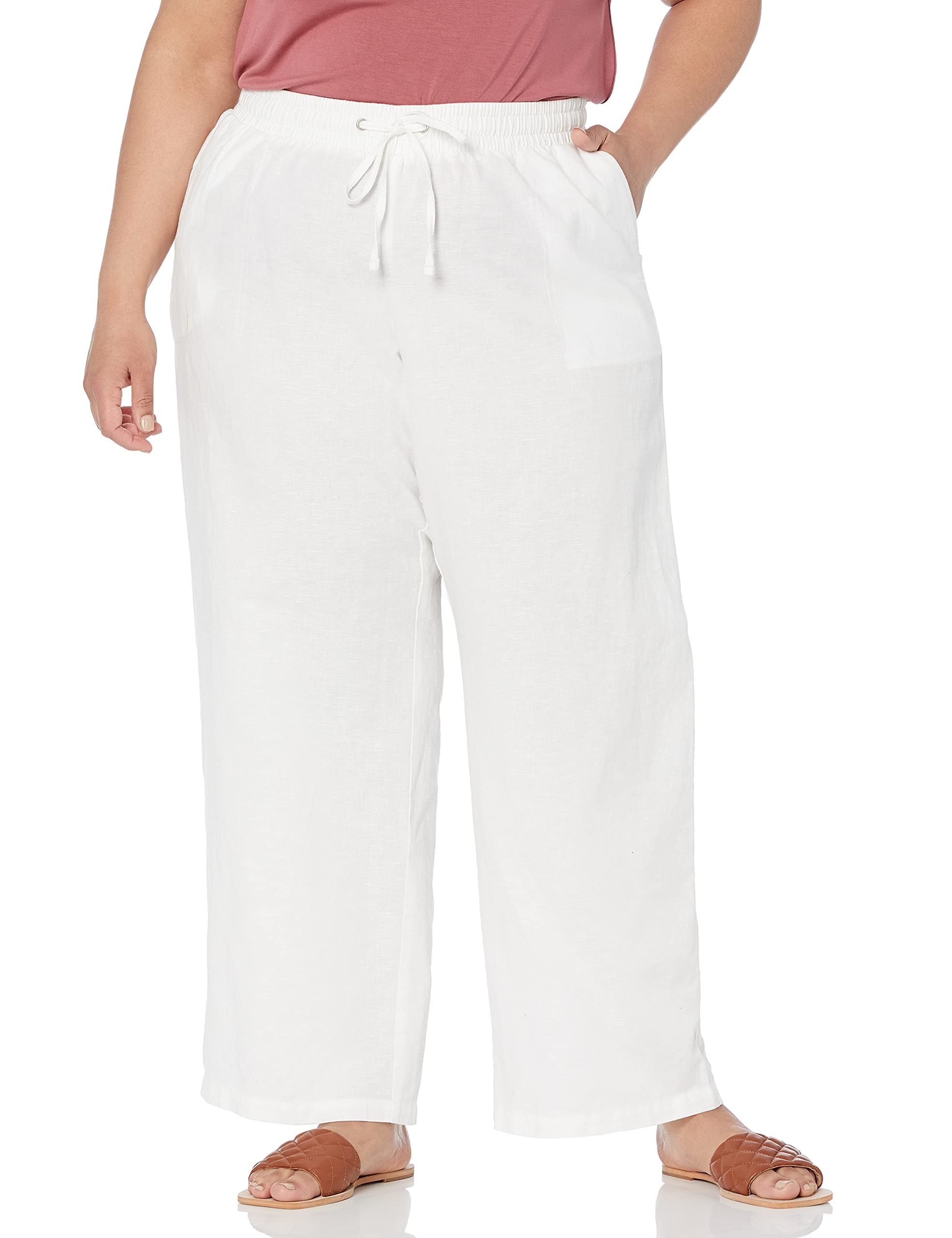 White plus-size linen-blend wide-leg pants