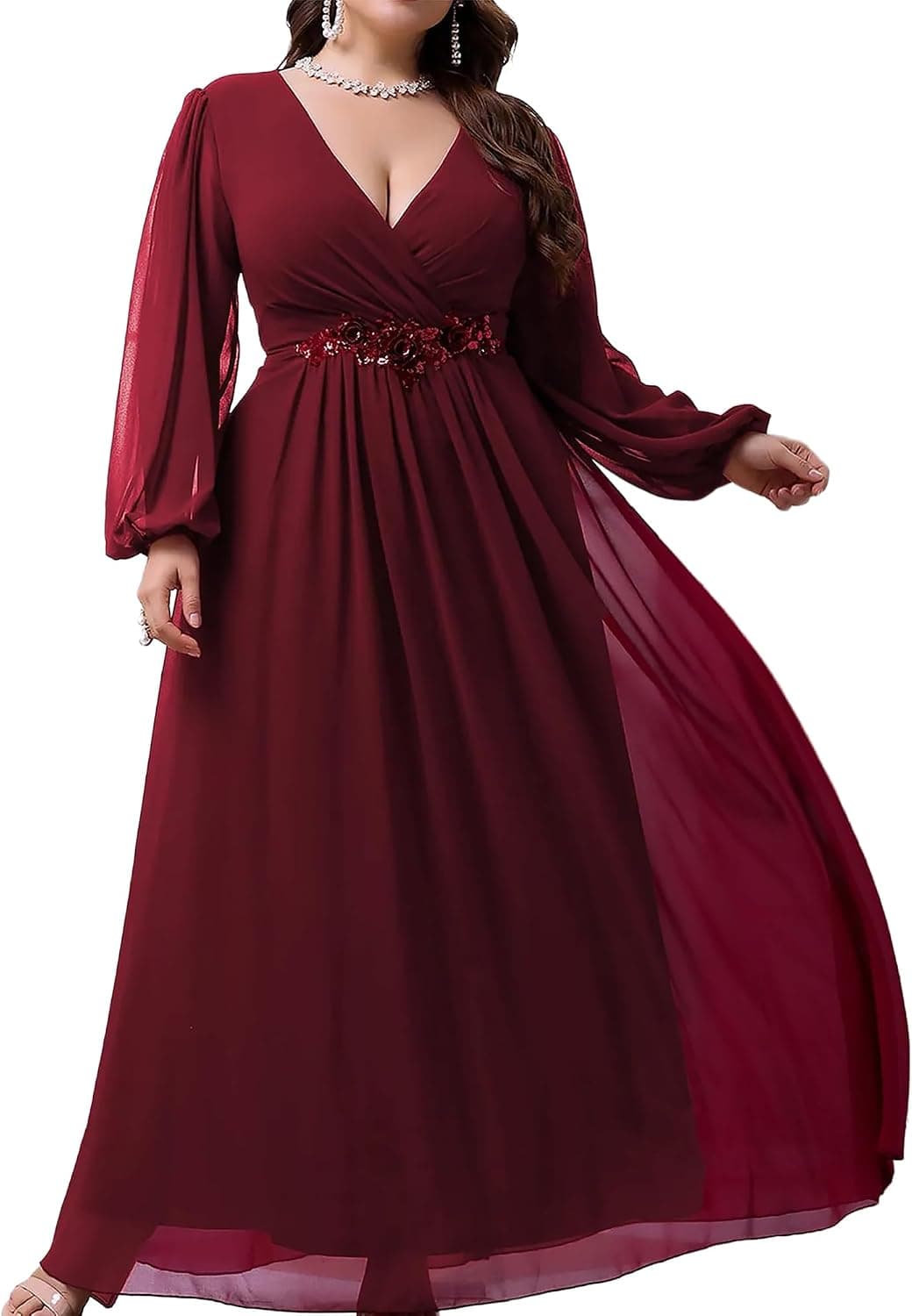 Burgundy plus-size chiffon wrap maxi dress