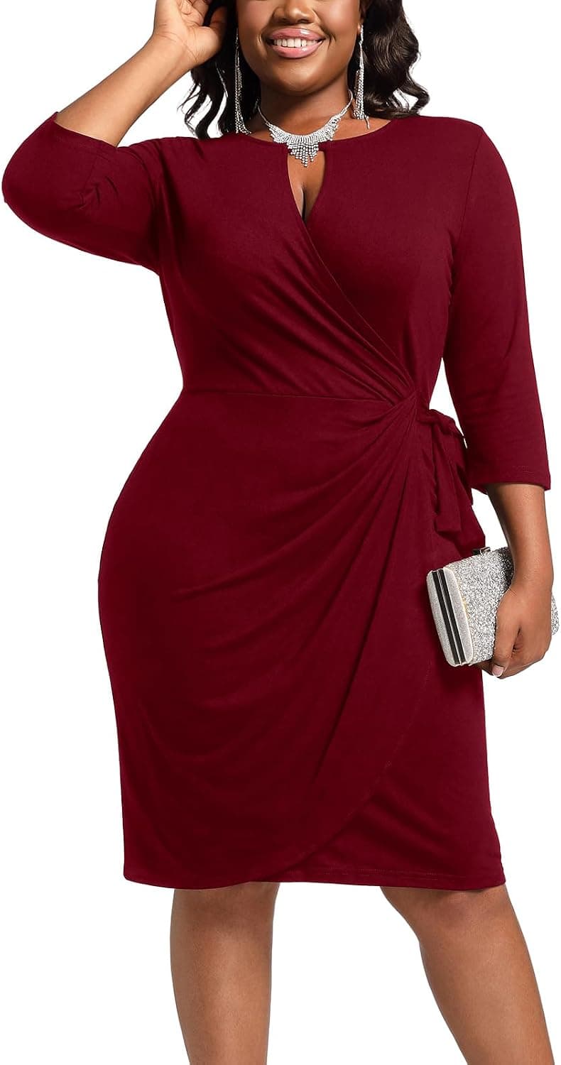 Burgundy plus-size faux-wrap midi dress