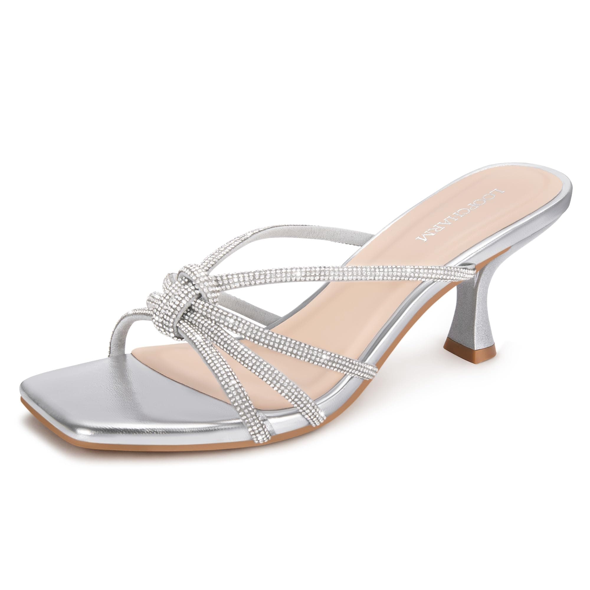 Silver rhinestone strappy kitten-heel sandals