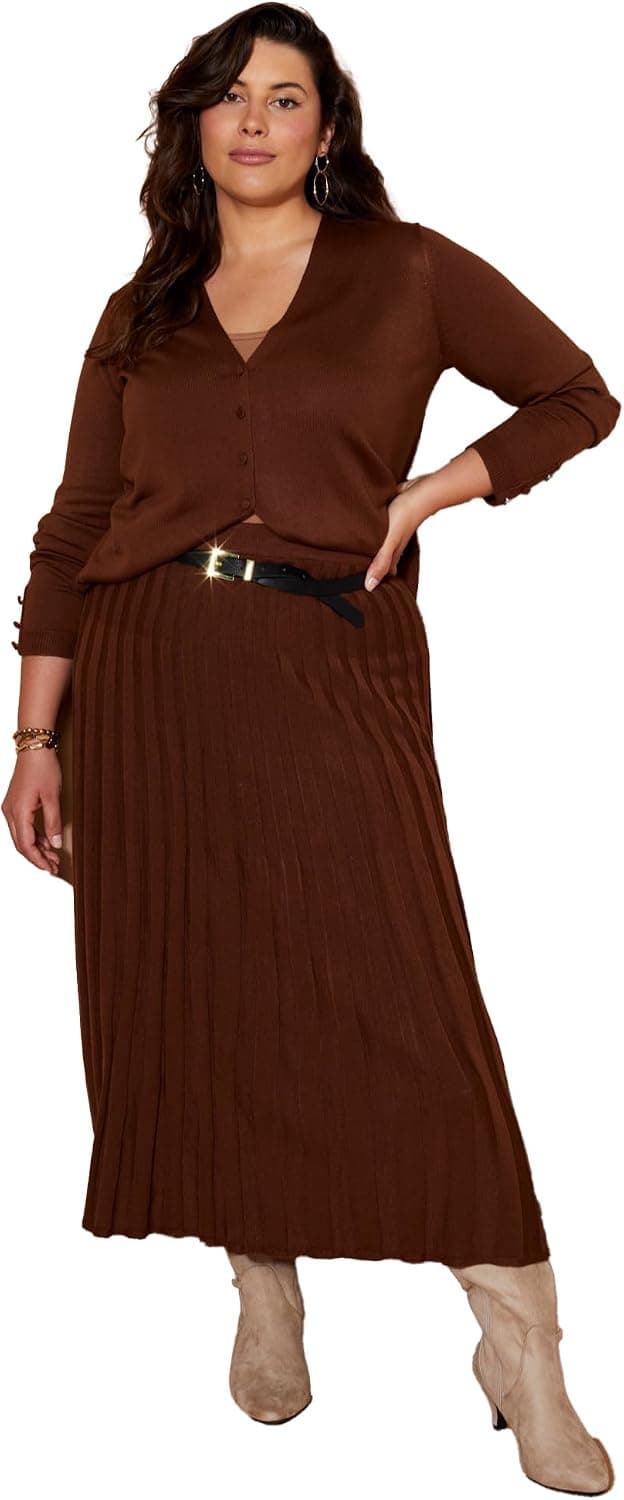 Cocoa-brown plus-size cotton-linen midi skirt