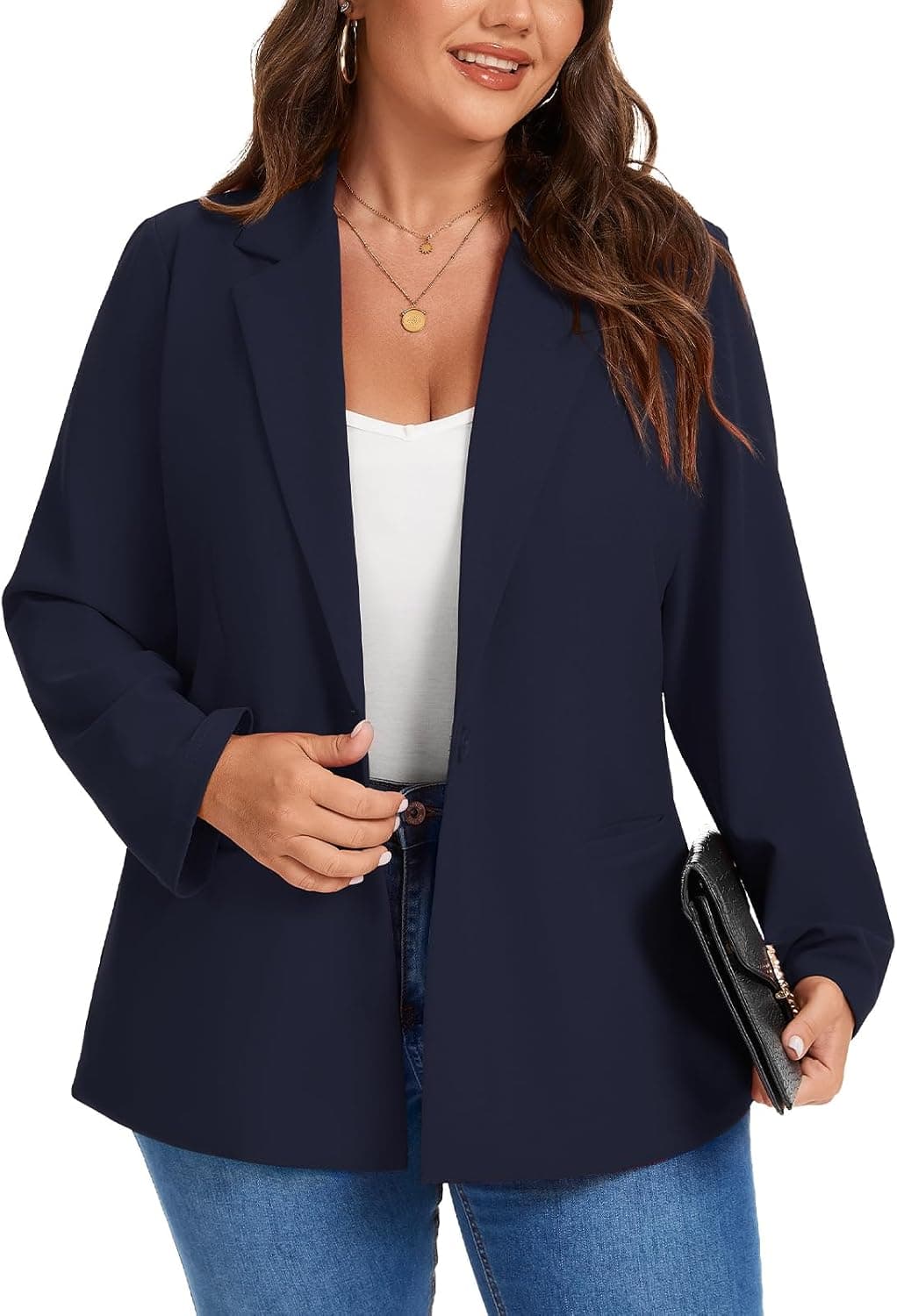 Navy plus-size linen-blend blazer