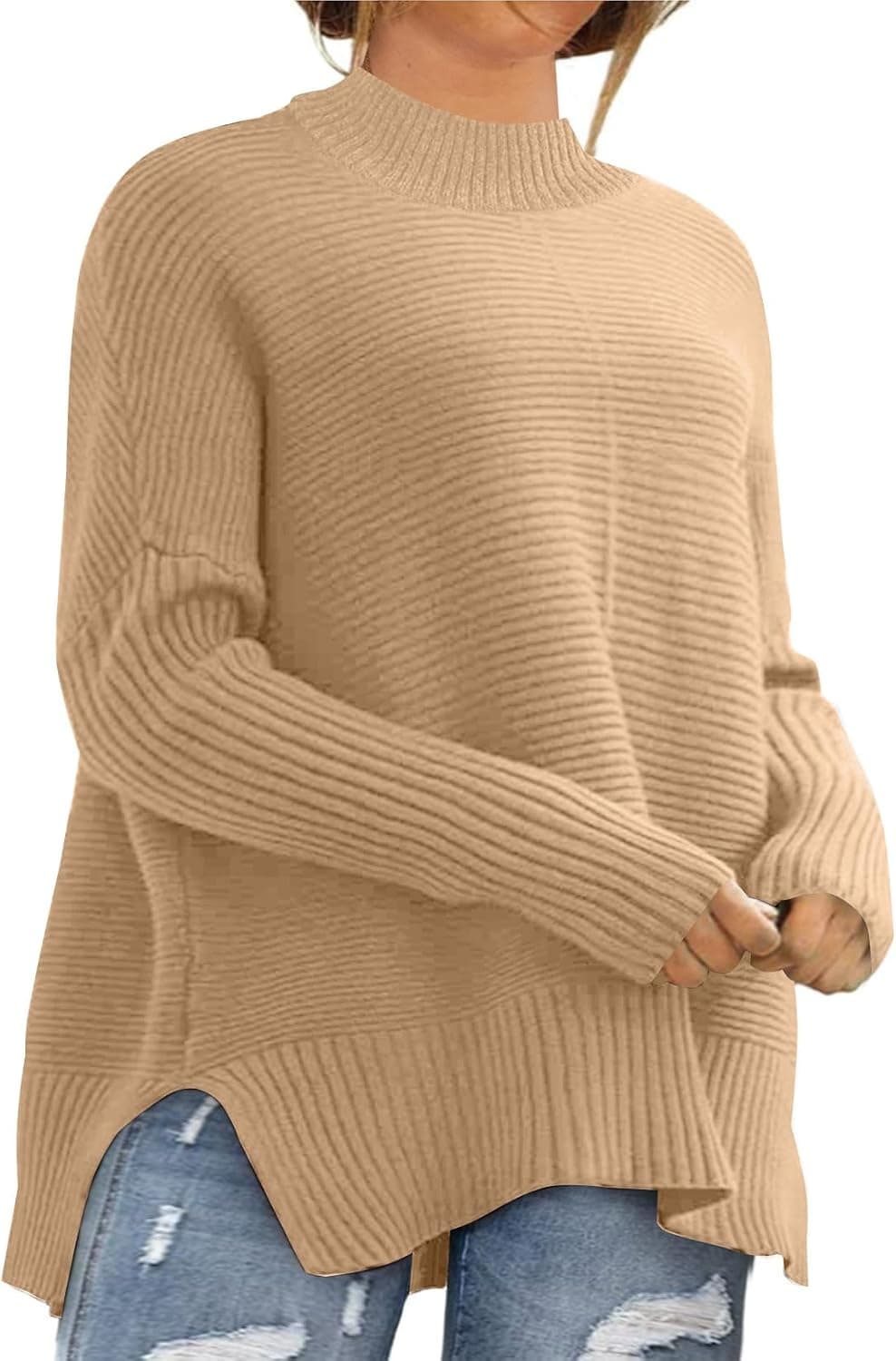 Tan plus-size ribbed knit crew-neck sweater