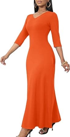 Orange plus-size 3/4-sleeve maxi dress