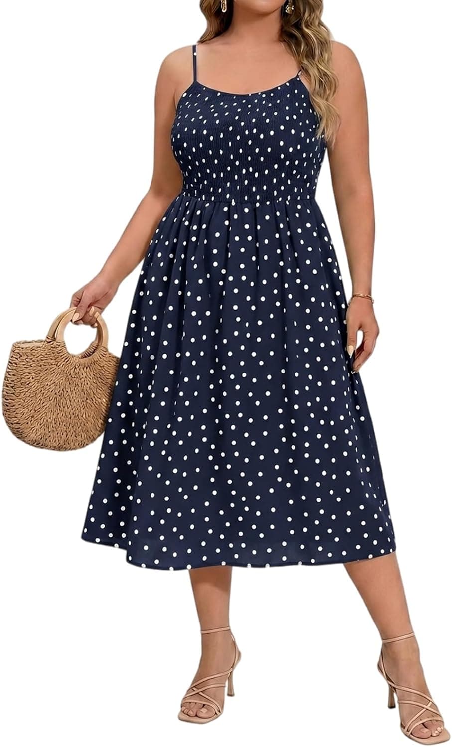 Navy plus-size polka-dot midi dress