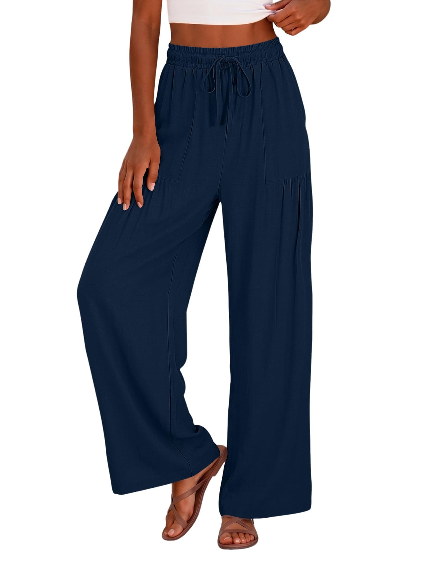 Navy linen-blend drawstring wide-leg pants