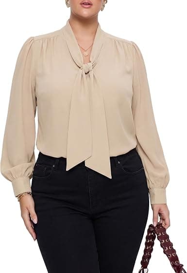 Gocolloa plus-size apricot bow tie-neck blouse