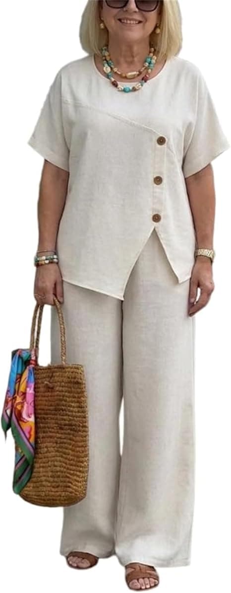 Off-white linen-blend top and wide-leg pants set