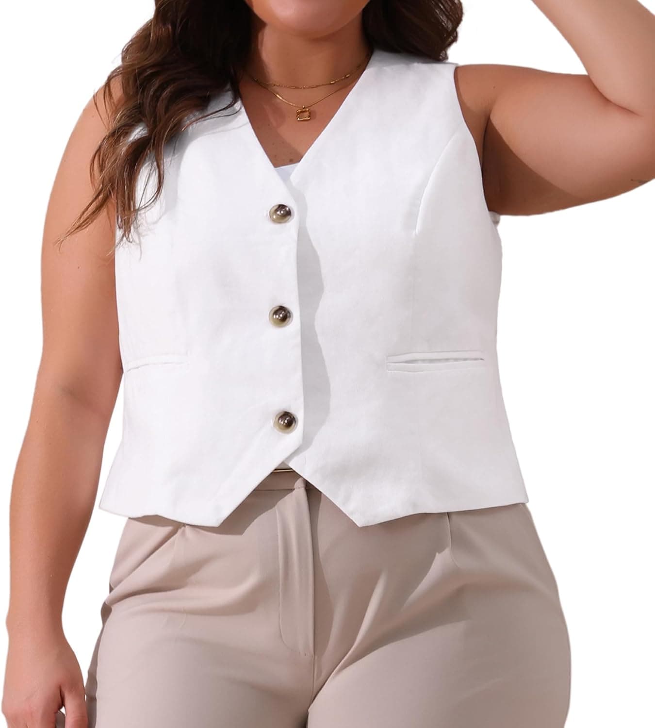 White plus-size linen sleeveless vest blazer