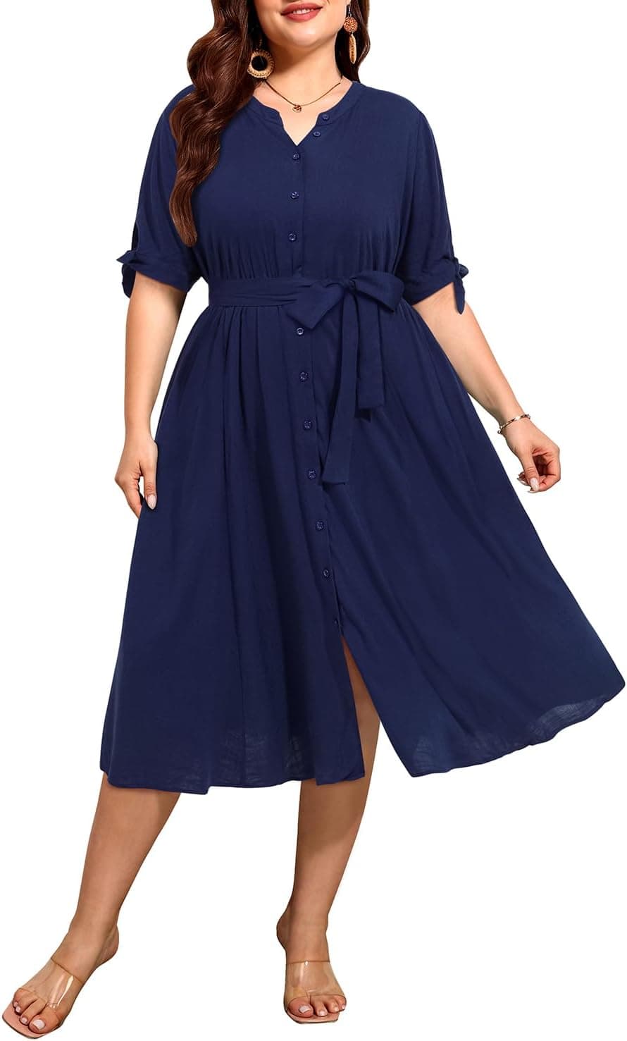 Navy plus-size button-front midi shirtdress