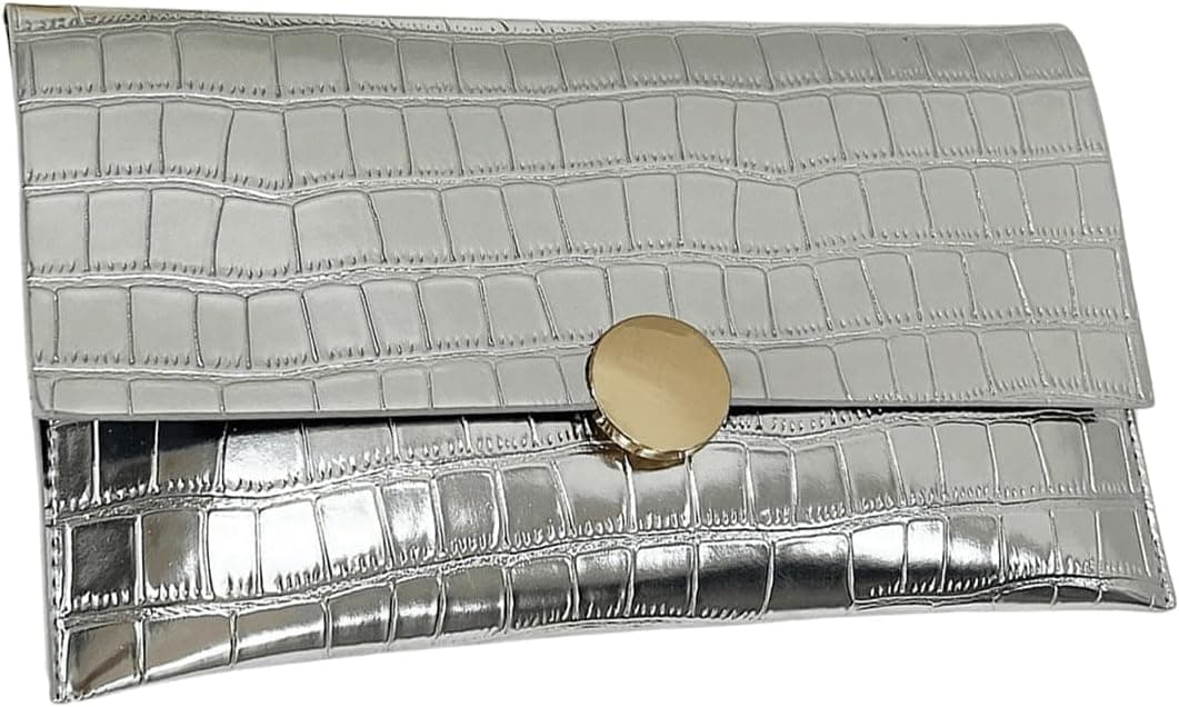 Silver metallic envelope clutch