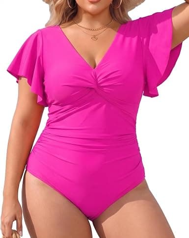 Pale-pink plus-size ruffle one-piece swimsuit