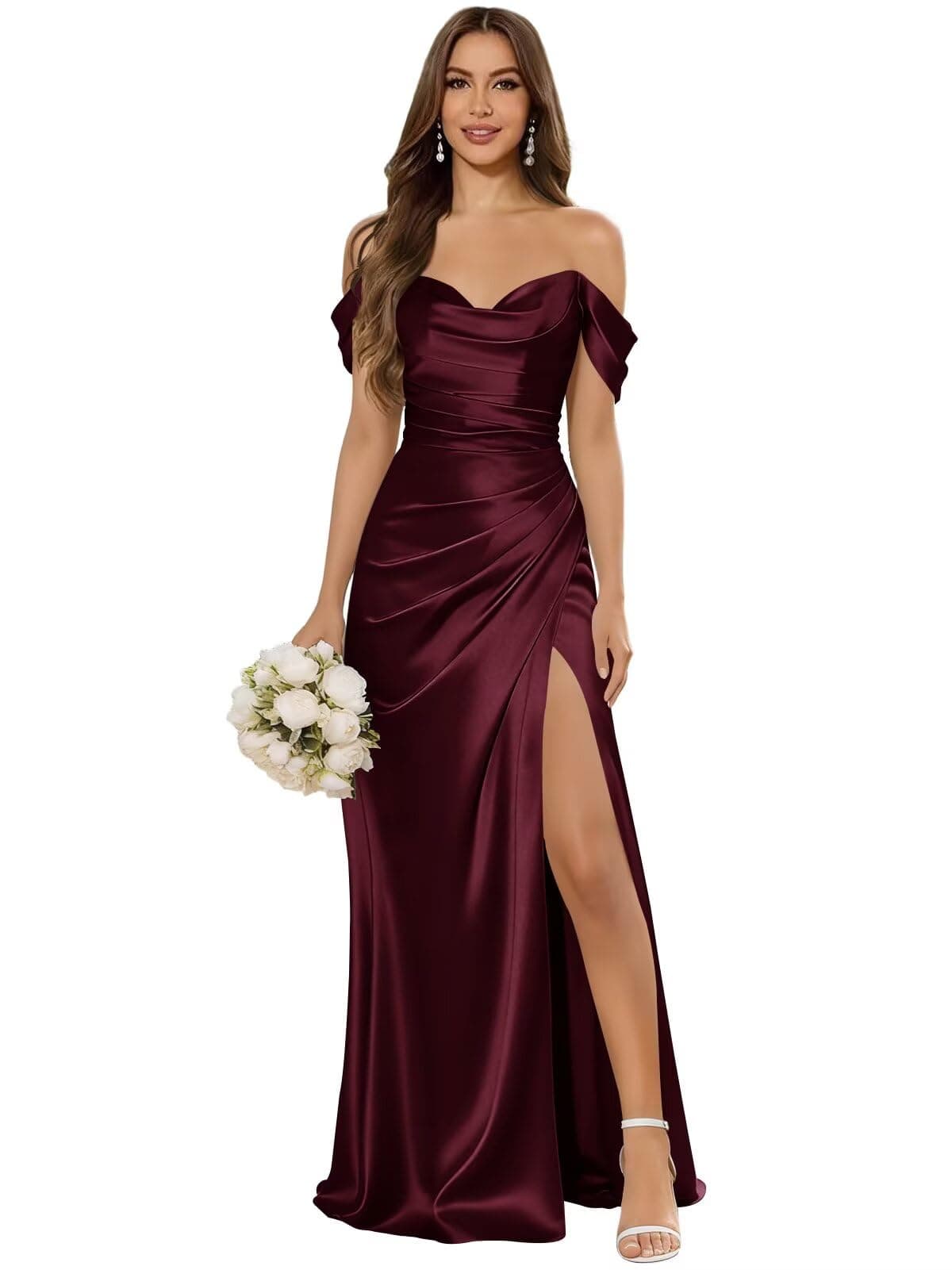 Burgundy plus-size satin off-shoulder corset dress