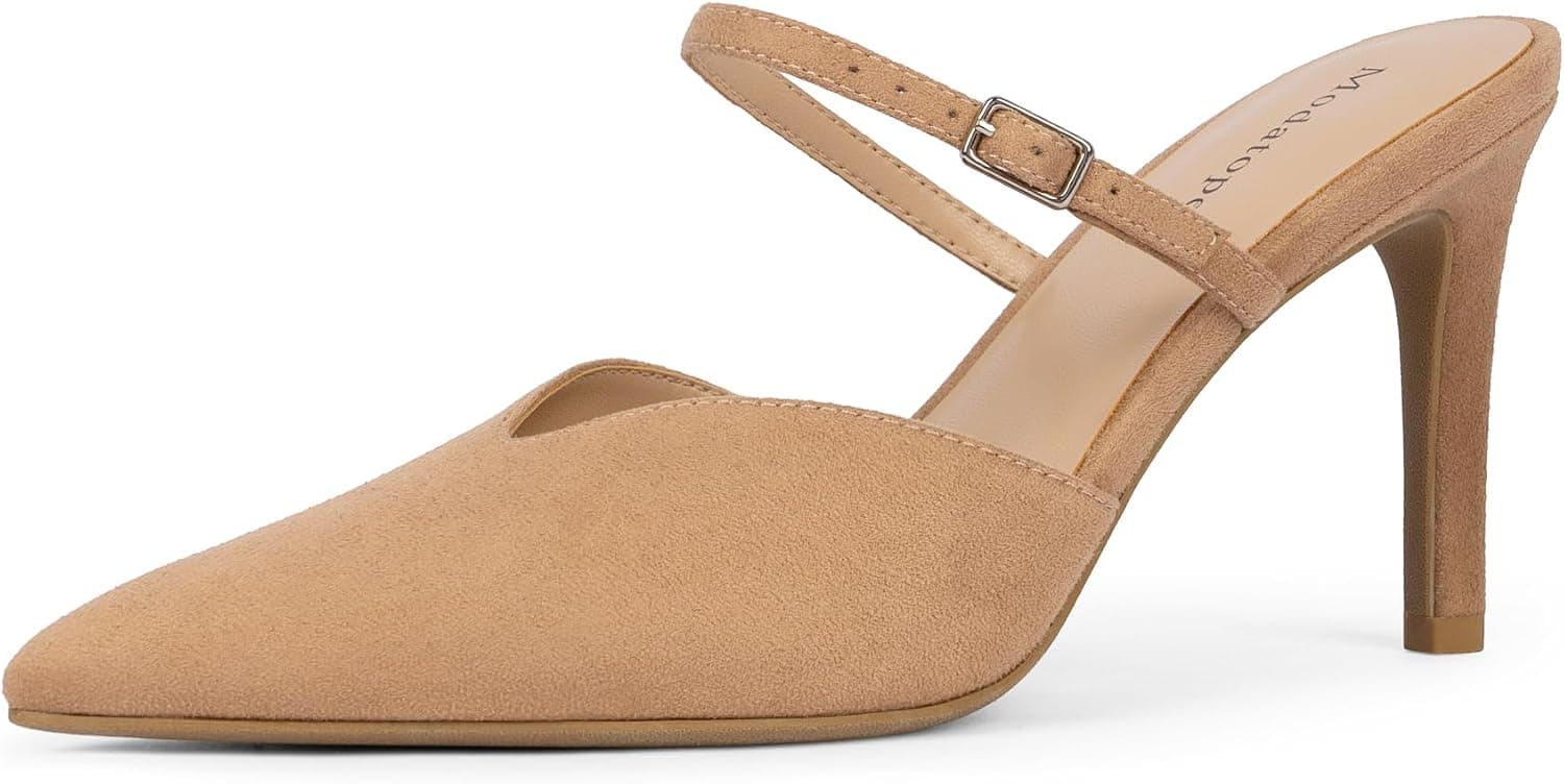Tan pointed-toe ankle-strap pumps