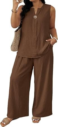 Coffee-brown plus-size sleeveless wide-leg pants set