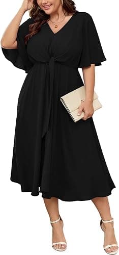 SCOMCHIC black plus-size flutter-sleeve midi dress