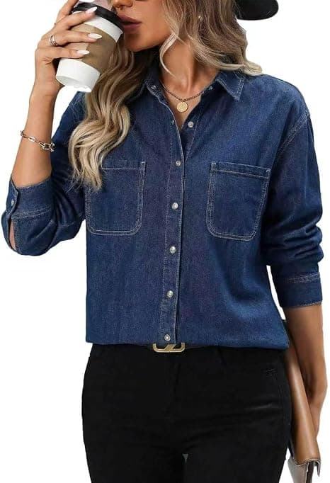 Deep-blue plus-size denim button-down shirt