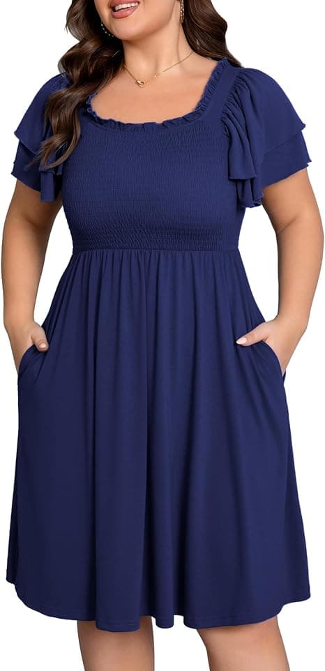 Navy-blue plus-size smocked midi dress