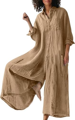 Tan linen-blend wide-leg jumpsuit