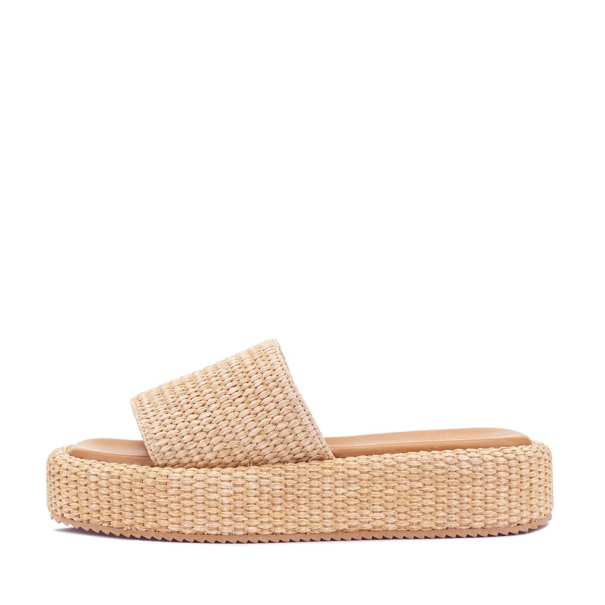 Tan raffia platform slide sandals