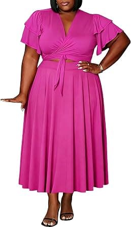Dusty-pink plus-size ruffle crop-top and tiered maxi-skirt set