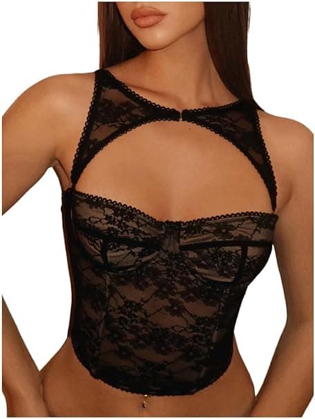 Black lace-trimmed bustier top