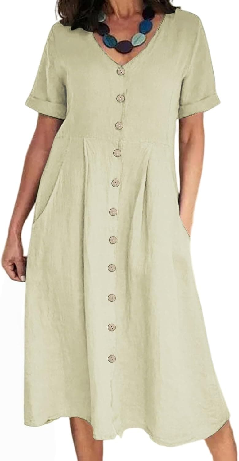 Beige plus-size cotton-linen button-down shirt dress
