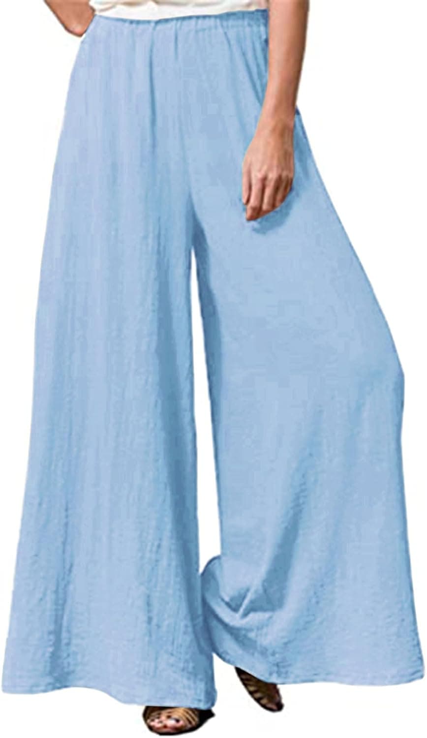 Light-blue plus-size linen-blend wide-leg pants