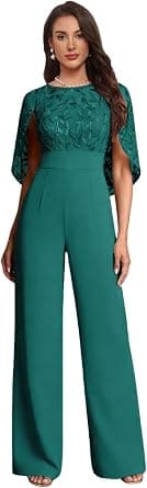 Plus-size teal sequin cape-sleeve pantsuit