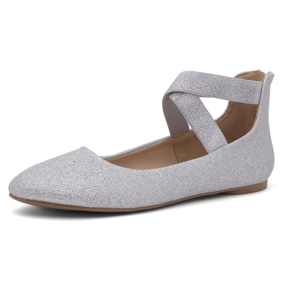 Silver glitter ankle-strap ballet flats