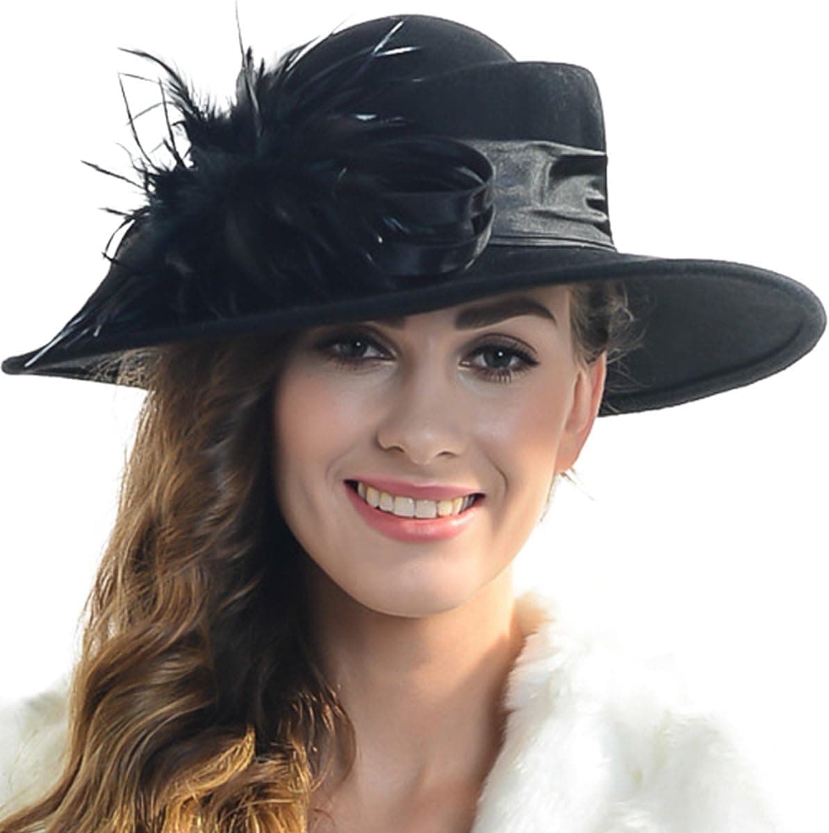 Black wide-brim feather hat