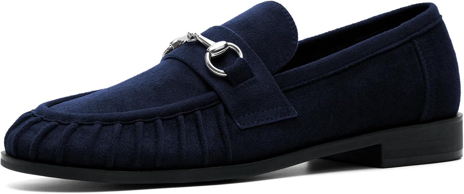 Navy suede horsebit penny loafers