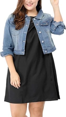 uxcell plus-size light-blue cropped denim jacket