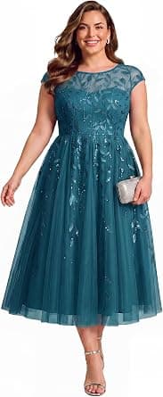 Ever-Pretty Plus teal sequin V-neck midi dress