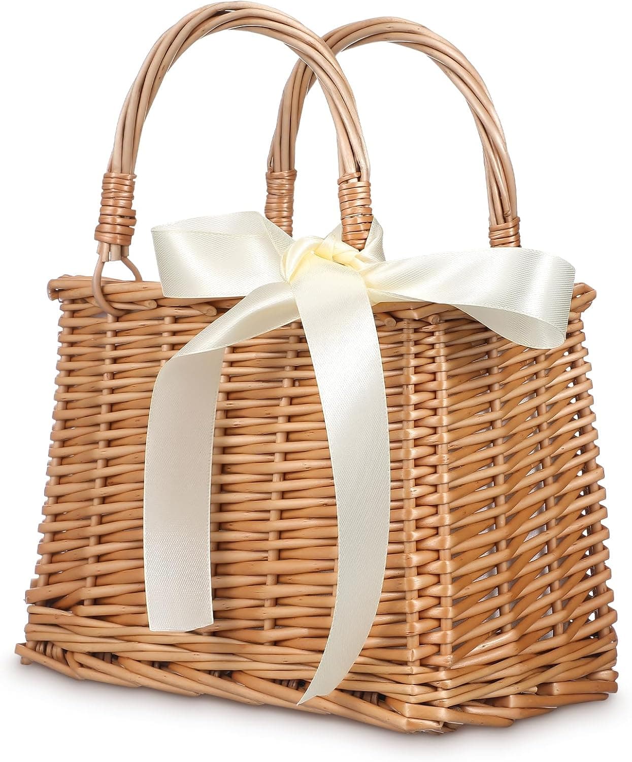 White-ribbon rattan basket purse