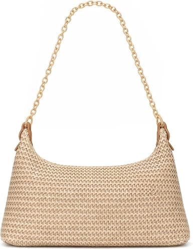 Khaki woven straw shoulder bag with chain strap