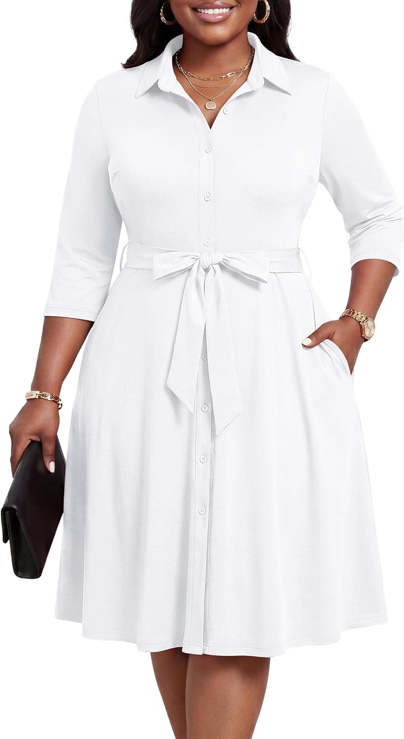 White plus-size cotton button-down midi dress