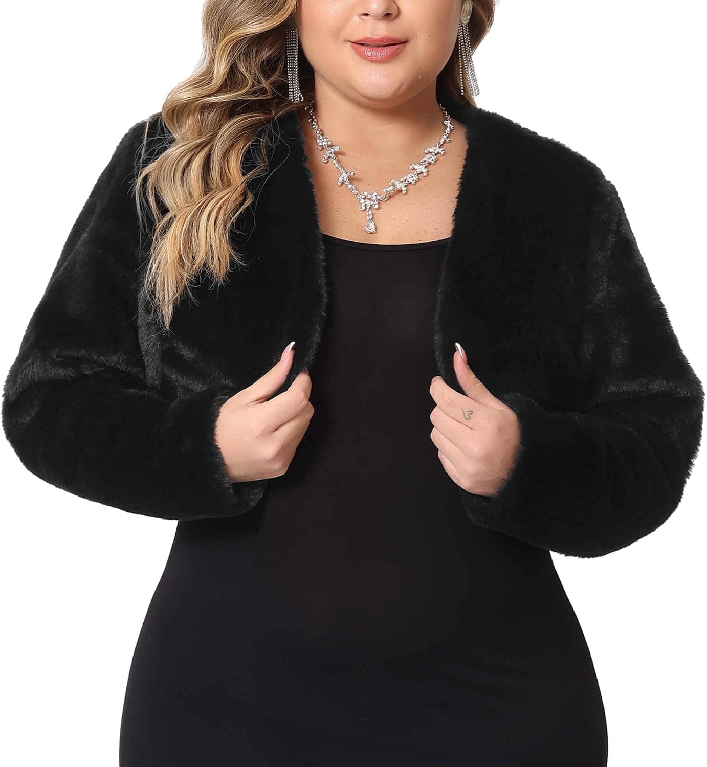 Black plus-size faux-fur crop bolero — closest taupe match, 1X–5X