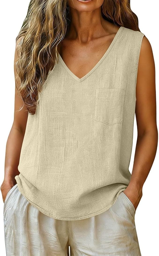 beige cotton-linen plus-size V-neck sleeveless top