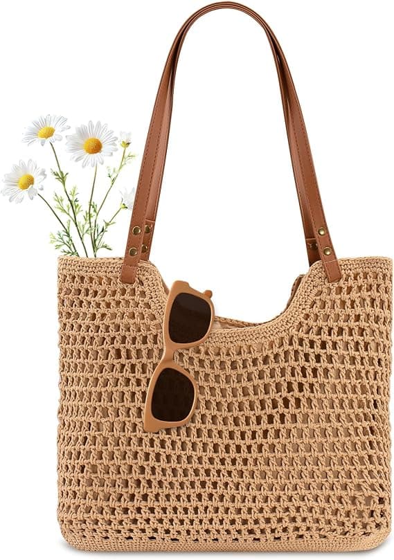 Brown woven straw tote bag