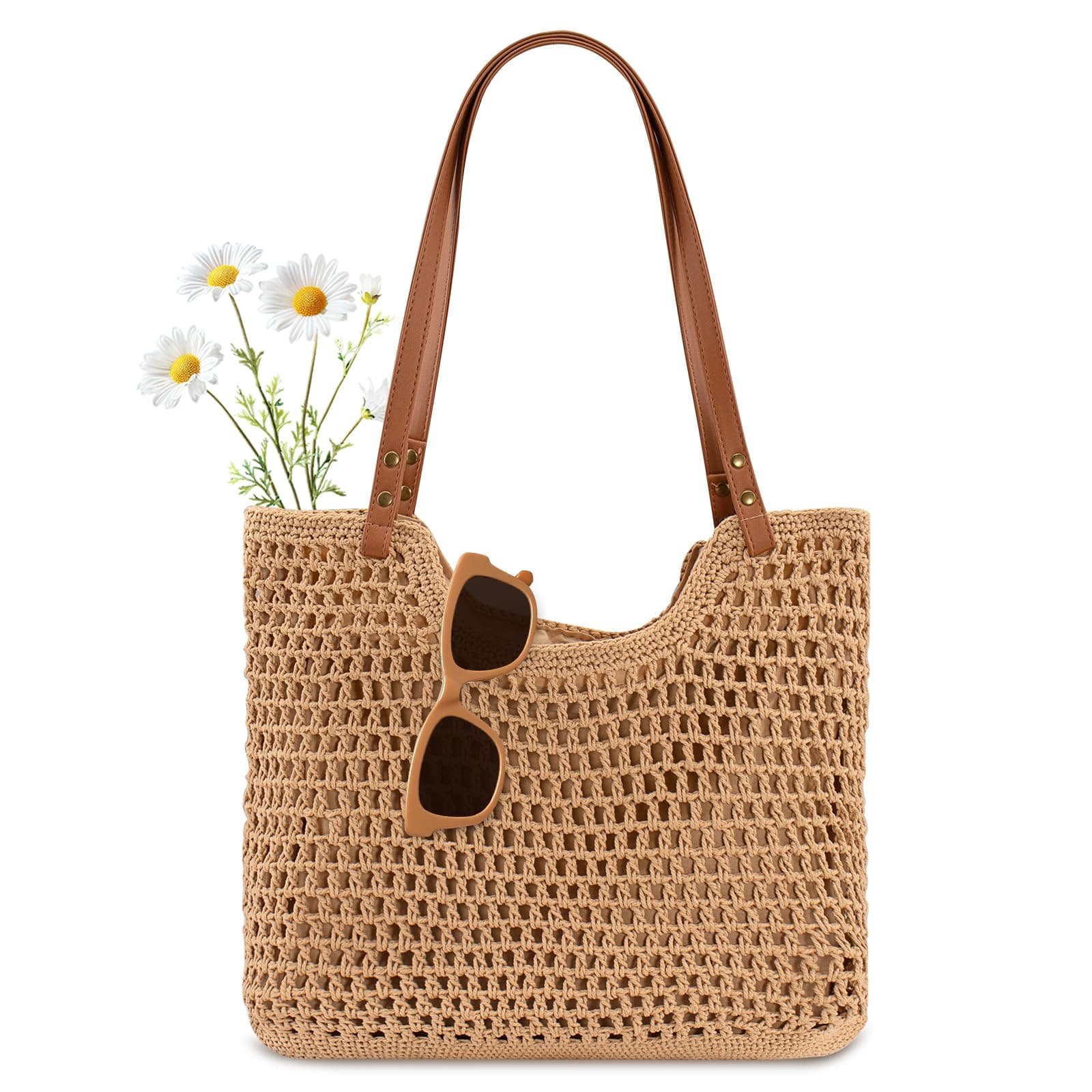Brown woven straw tote bag