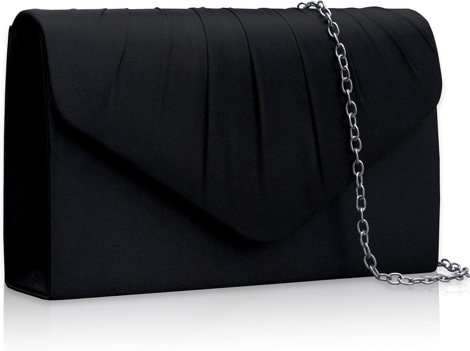 Black satin pleated envelope clutch