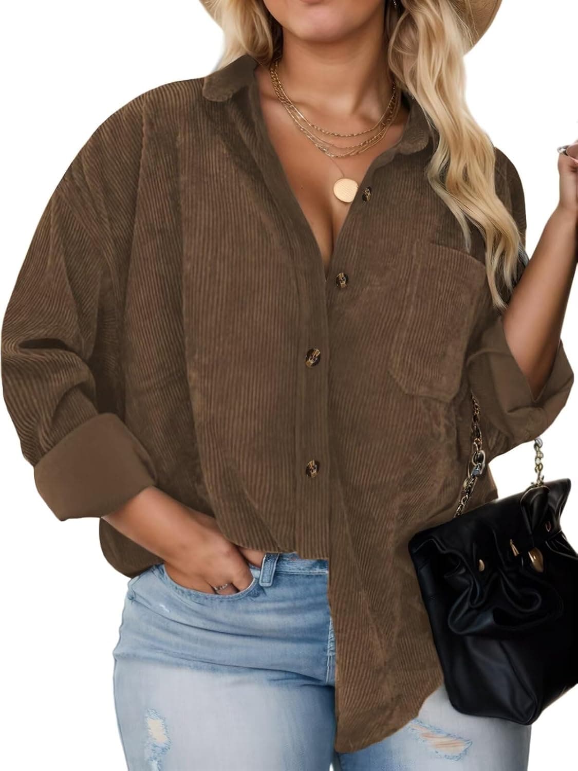 Brown plus-size corduroy shacket